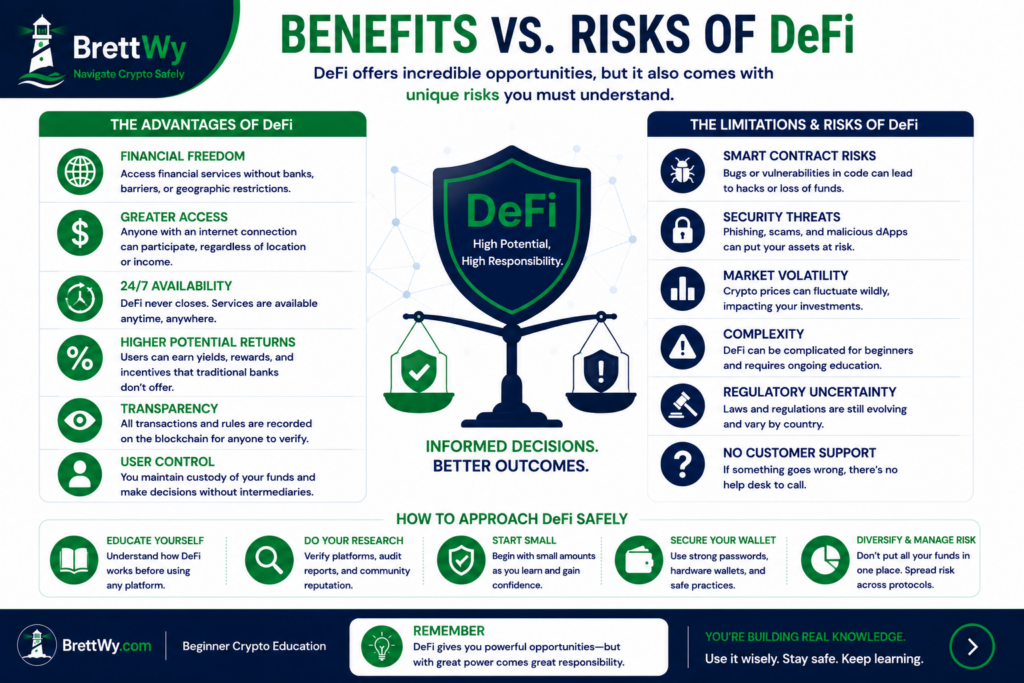 Benefits and Risks of DeFi infographic comparing the advantages of decentralized finance with common risks including smart contract vulnerabilities, scams, volatility, regulation, and security.