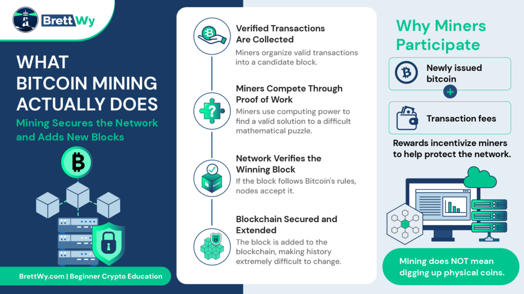 What Bitcoin mining actually does infographic explaining how miners verify transactions, secure the Bitcoin network, add new blocks to the blockchain, and earn block rewards.