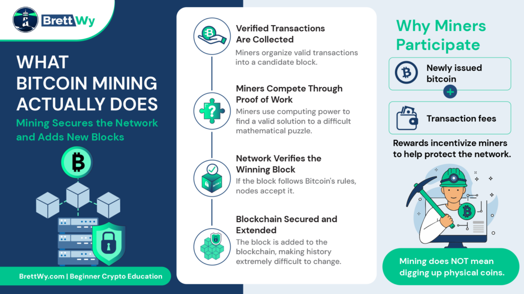 What Bitcoin mining actually does infographic explaining how miners verify transactions, secure the Bitcoin network, add new blocks to the blockchain, and earn block rewards.