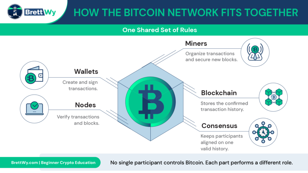How the Bitcoin network fits together infographic showing wallets, nodes, miners, blockchain, and consensus working together to verify and secure Bitcoin transactions.