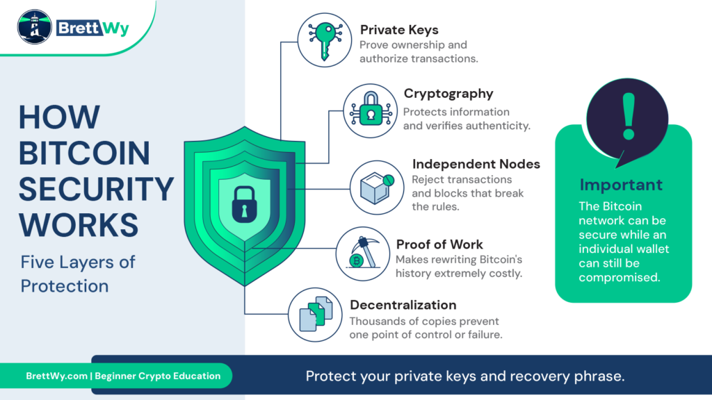 How Bitcoin security works infographic showing cryptography, private keys, nodes, miners, hashing, and blockchain working together to secure the Bitcoin network.