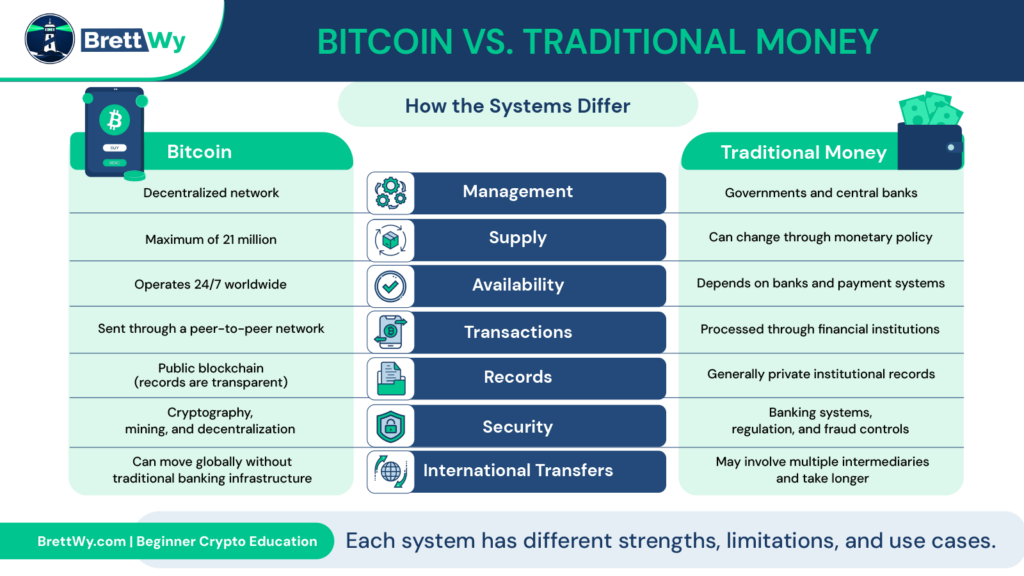 Bitcoin vs. traditional money comparison infographic showing differences in decentralization, supply, transactions, security, transparency, and global accessibility.