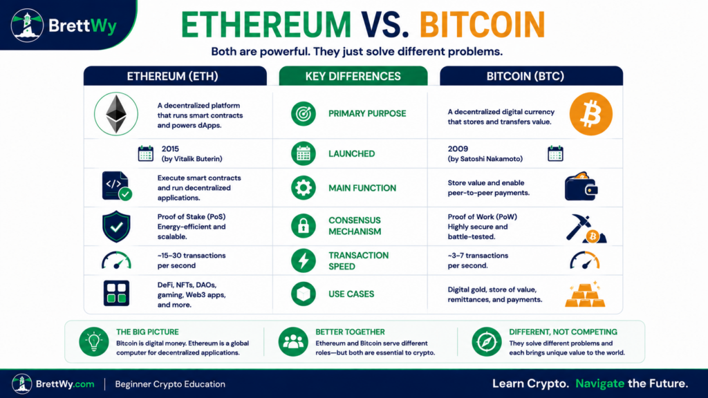 Ethereum vs Bitcoin comparison showing differences in purpose, native assets, consensus mechanisms, supply, and common uses