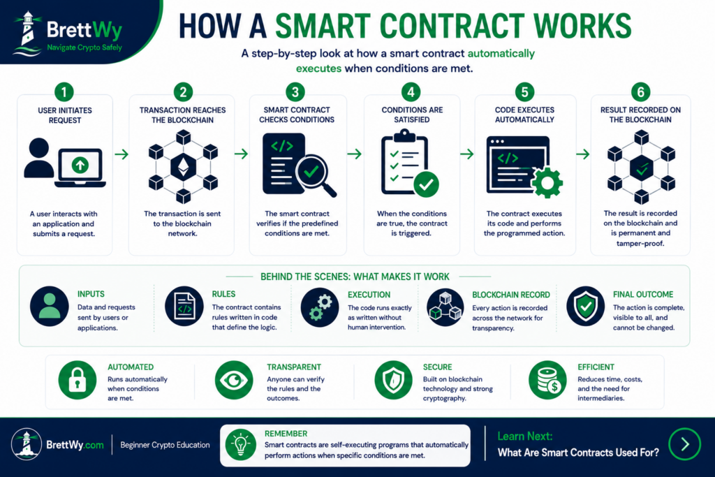 Step-by-step diagram showing how a blockchain smart contract processes and executes a transaction.