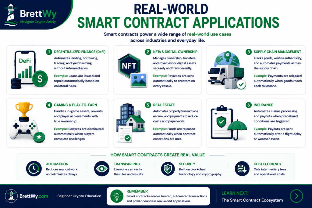 Diagram showing real-world applications of blockchain smart contracts.