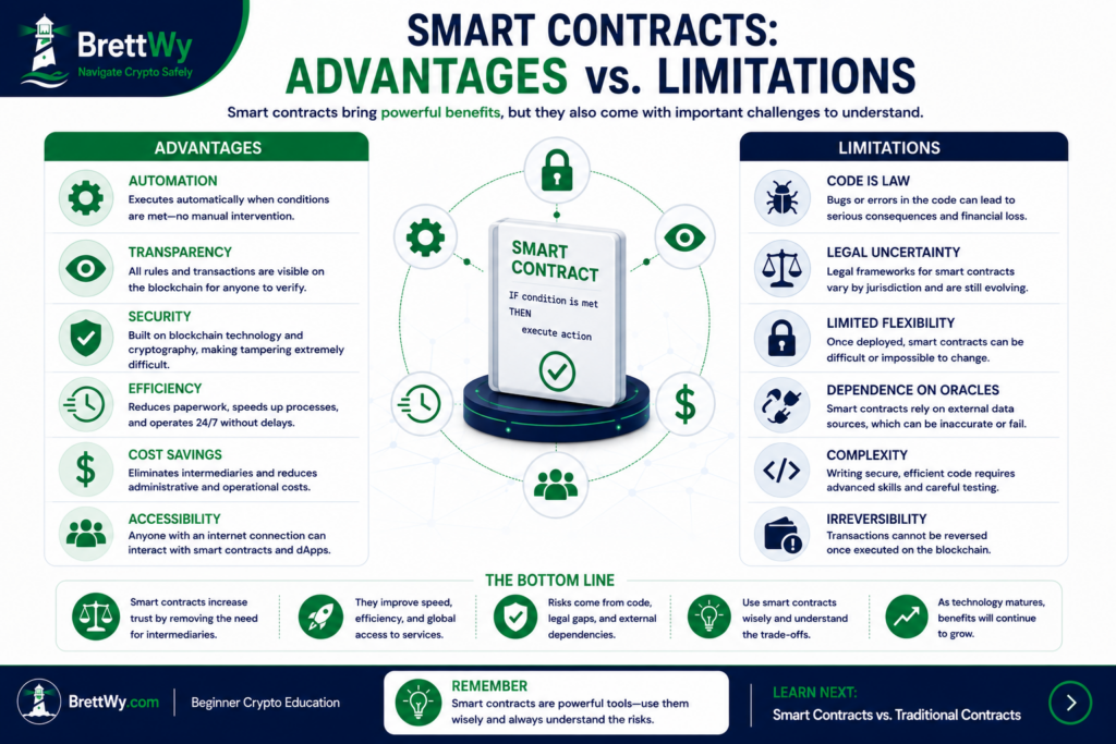 Comparison of the benefits and limitations of blockchain smart contracts.