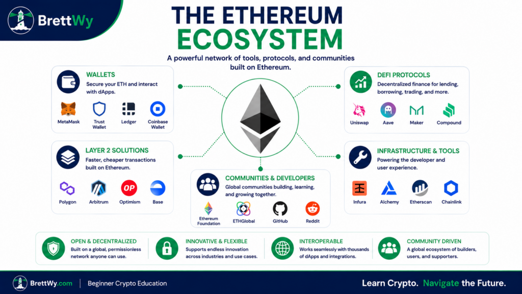 Layered Ethereum ecosystem showing users, wallets, dApps, smart contracts, validators, and the blockchain network