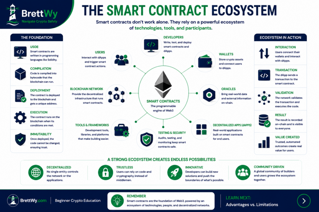 Diagram showing how Ethereum and smart contracts support decentralized blockchain applications.
