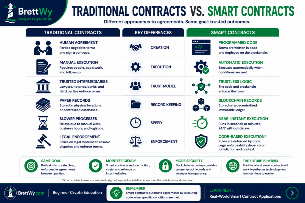 Comparison between traditional contracts and blockchain smart contracts.