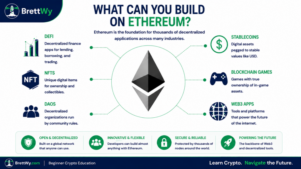 Ethereum ecosystem diagram showing DeFi, stablecoins, NFTs, blockchain games, DAOs, and Web3 applications