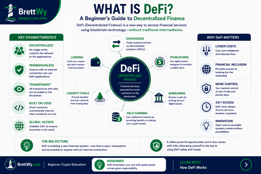 What Is DeFi? infographic explaining decentralized finance, smart contracts, peer-to-peer financial services, self-custody, transparency, and permissionless access for beginners.