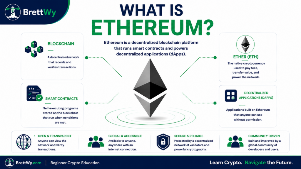 Diagram explaining Ethereum as a blockchain platform powered by ETH, smart contracts, and decentralized applications