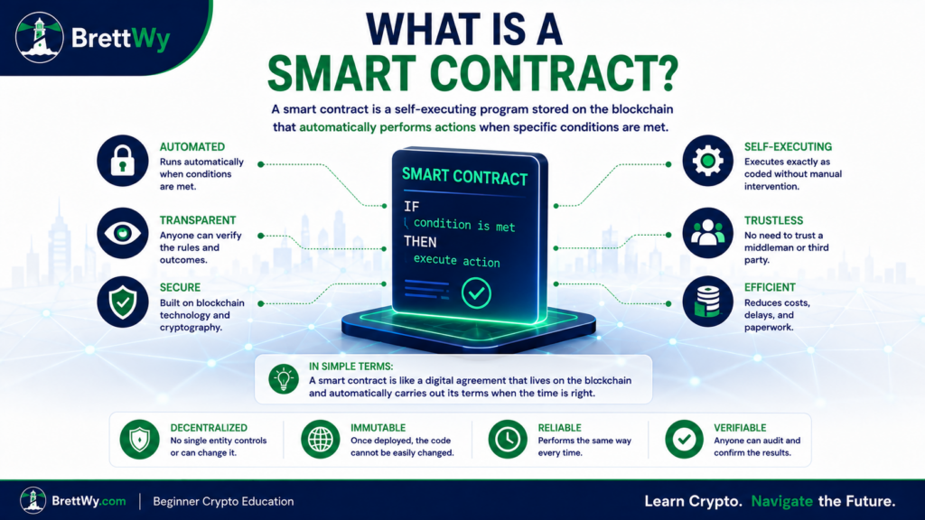 Diagram explaining what a blockchain smart contract is and how it automatically executes agreements.