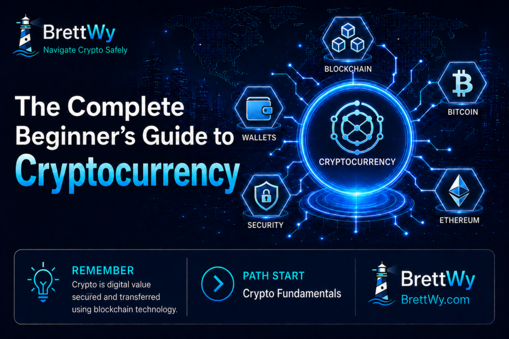 The Complete Beginner's Guide to Cryptocurrency featured image introducing cryptocurrency, blockchain, Bitcoin, wallets, and crypto security for beginners.