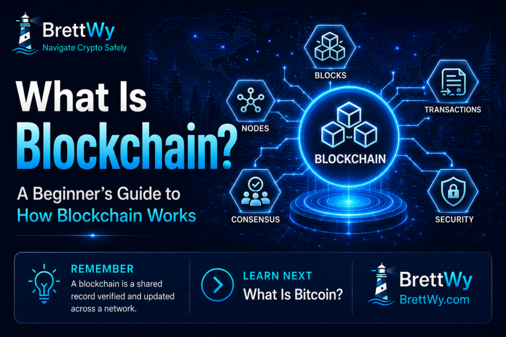 What Is Blockchain? Beginner-friendly illustration explaining how blockchain technology works through connected digital blocks and a decentralized network.