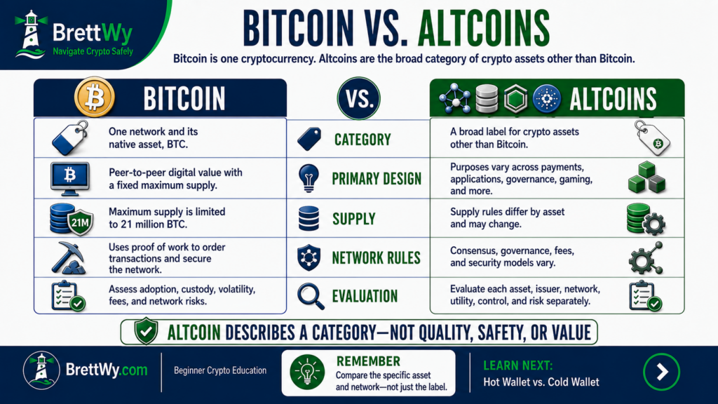 Bitcoin vs altcoins comparison covering purpose, supply, network rules, categories, and risks