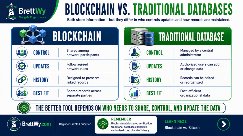 Blockchain vs traditional database comparison of control, updates, record history, and best uses