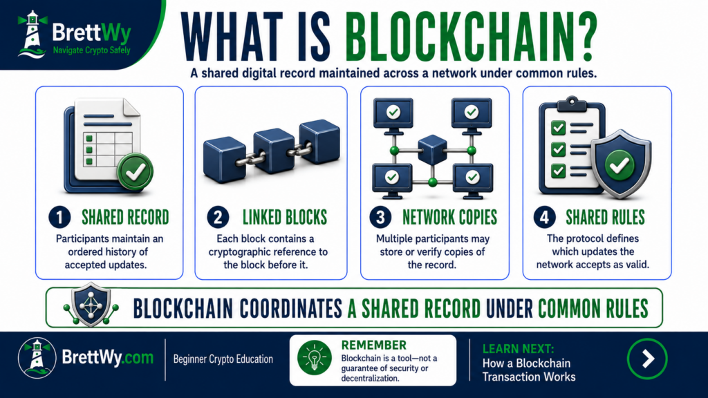 What blockchain is and how shared records, linked blocks, network copies, and rules work together