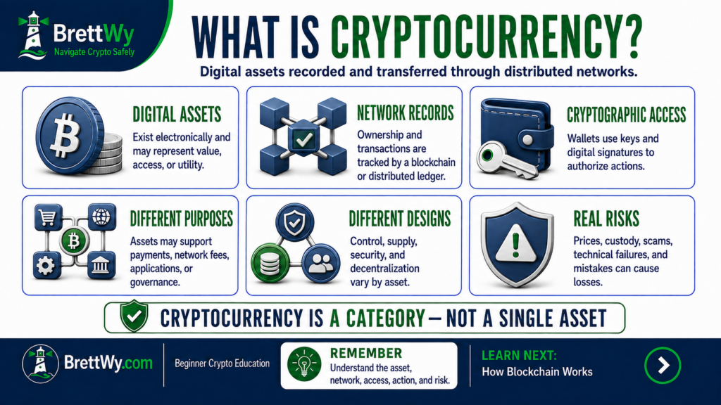 What cryptocurrency is and how digital assets use networks, wallets, cryptography, and different rules