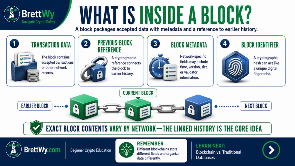 What is inside a blockchain block, including transaction data, metadata, references, and a block identifier