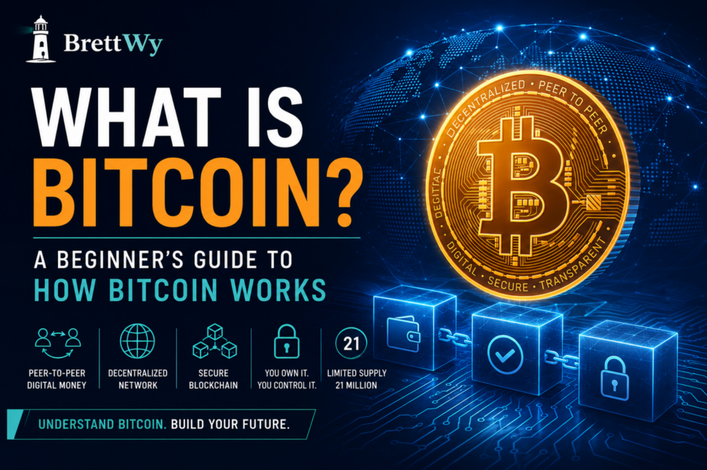 What Is Bitcoin? Beginner-friendly illustration explaining how Bitcoin works, blockchain technology, decentralization, and digital money.