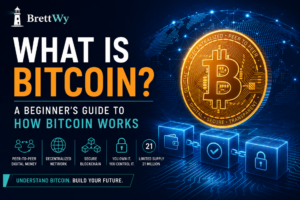 What Is Bitcoin? Beginner-friendly illustration explaining how Bitcoin works, blockchain technology, decentralization, and digital money.