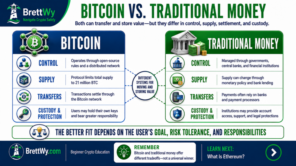 Bitcoin vs traditional money comparison of control, supply, transfers, custody, and protection