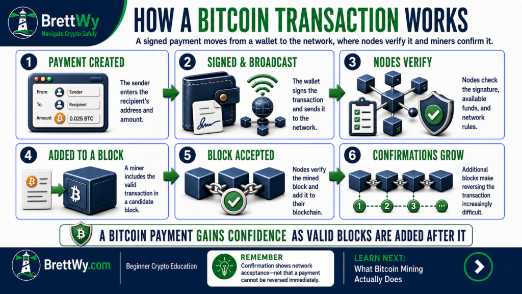 How a Bitcoin transaction works from payment creation through network confirmations
