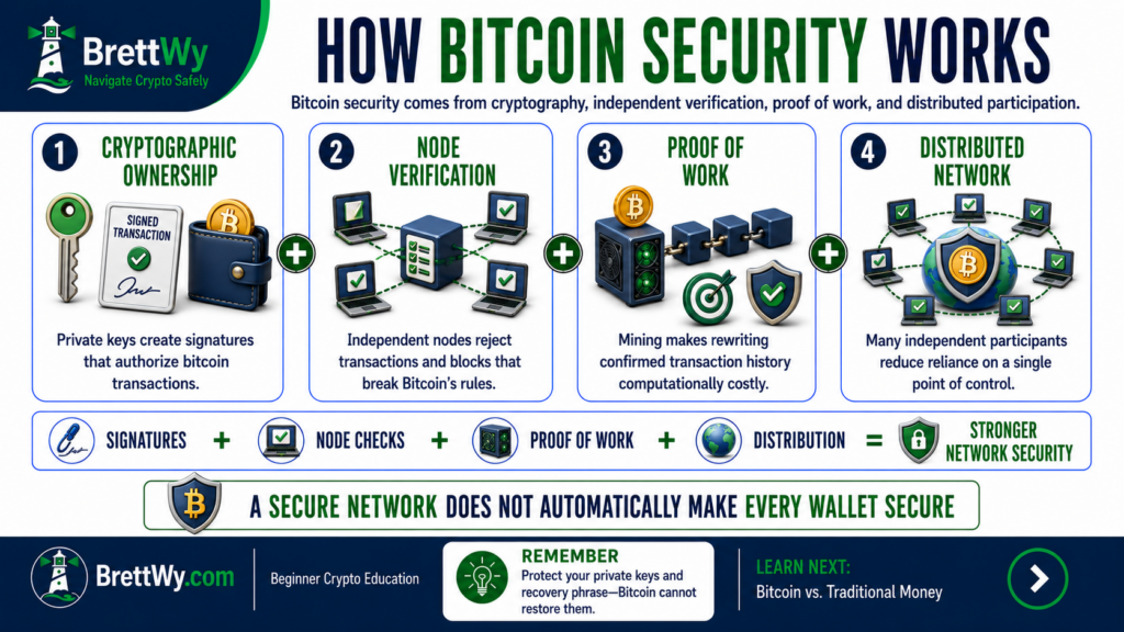 How Bitcoin security works through cryptography, node verification, proof of work, and a distributed network