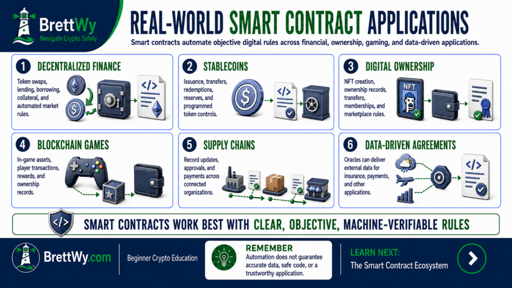Smart contract applications in DeFi, stablecoins, digital ownership, blockchain games, supply chains, and data-driven agreements