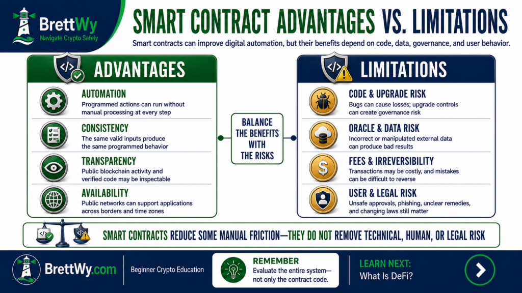 Smart contract advantages vs limitations including automation, transparency, code risk, oracle risk, fees, and legal uncertainty