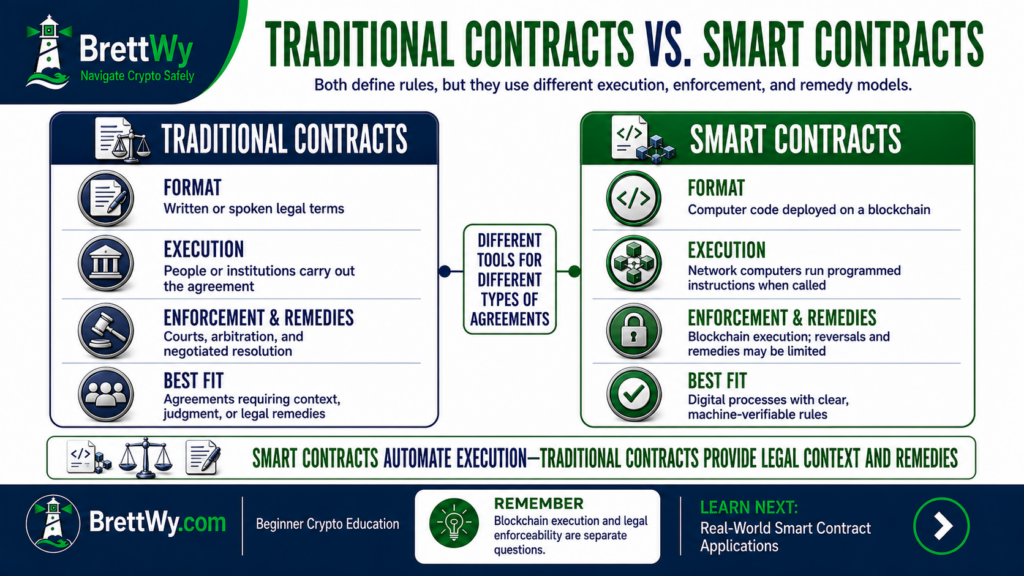 Traditional contracts vs smart contracts comparison of format, execution, enforcement, remedies, and best uses