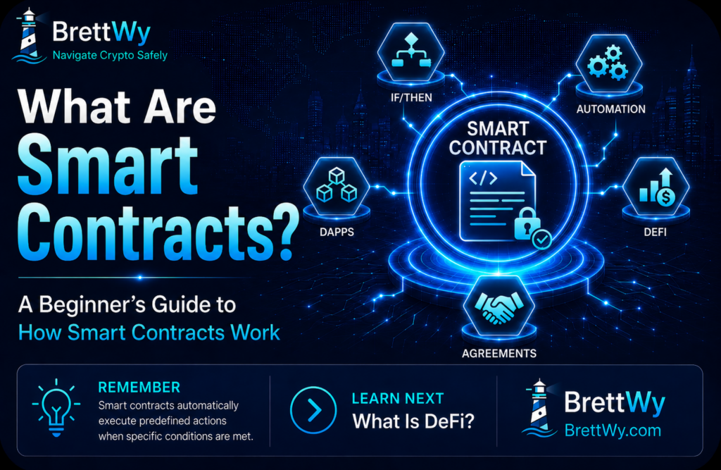 What are smart contracts? Beginner-friendly illustration showing blockchain automation, smart contract execution, and the Ethereum ecosystem.