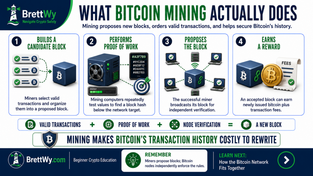 What Bitcoin mining does, including building blocks, proof of work, block proposals, and miner rewards