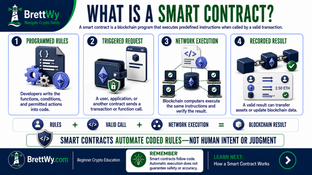What a smart contract is and how programmed rules, requests, network execution, and blockchain results connect