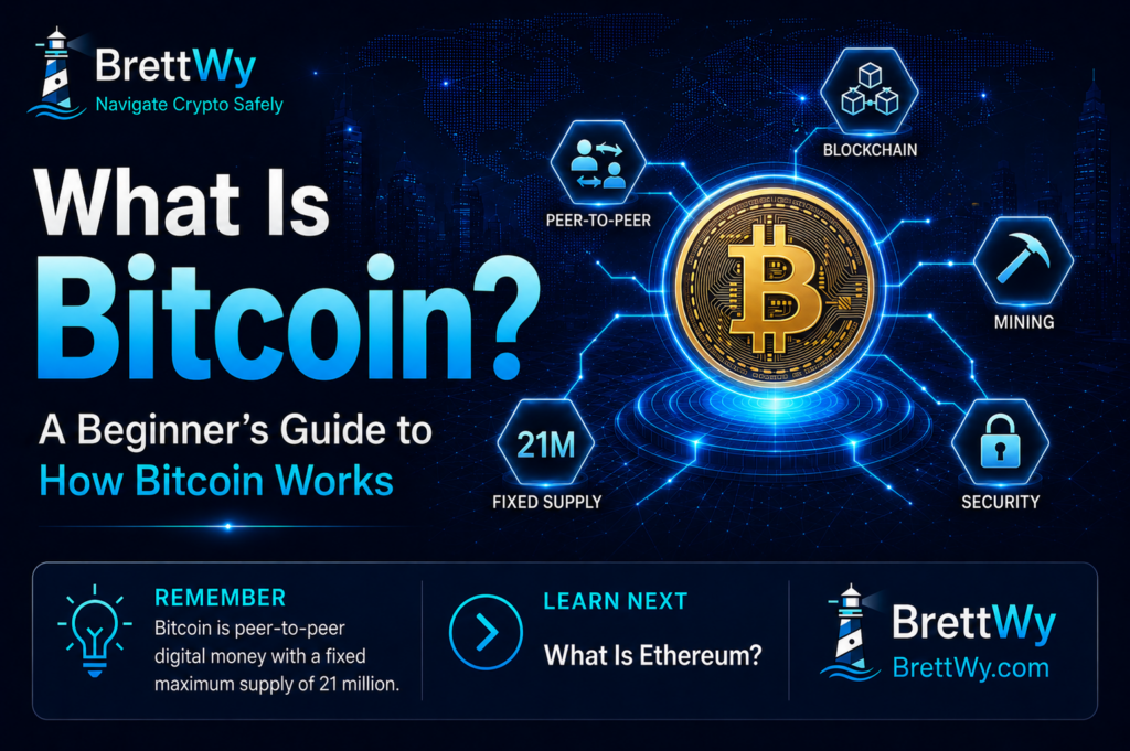What Is Bitcoin? Featured illustration explaining Bitcoin, blockchain technology, decentralized digital money, and how Bitcoin works for beginners.