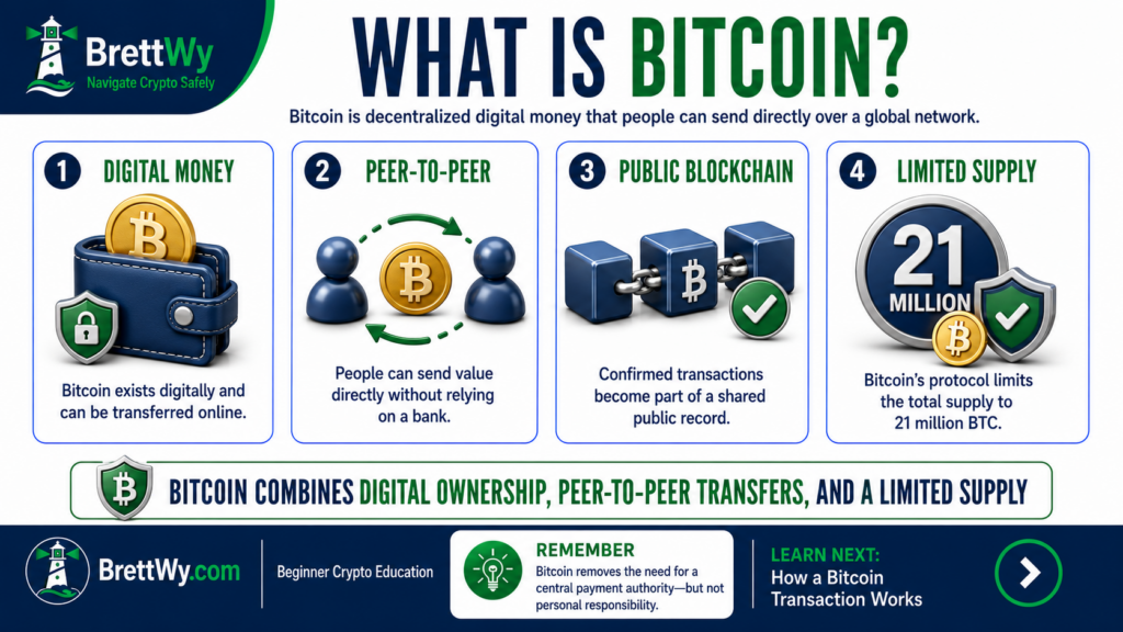 What Bitcoin is, including digital money, peer-to-peer transfers, a public blockchain, and limited supply