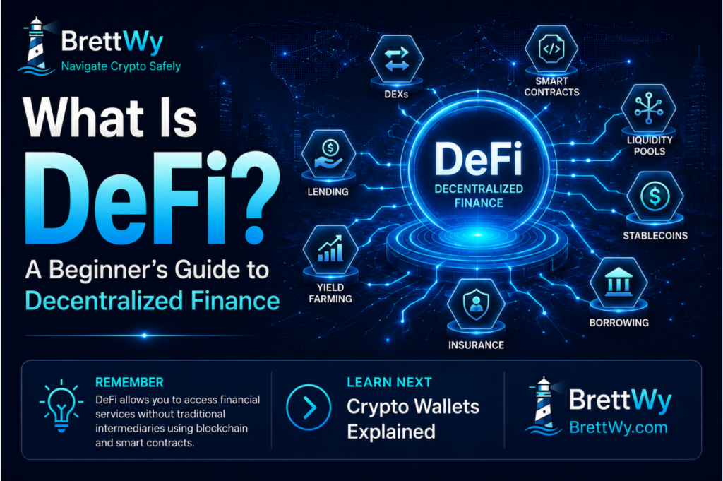 What Is DeFi? Featured image showing a beginner-friendly overview of decentralized finance, including smart contracts, decentralized exchanges (DEXs), lending, stablecoins, liquidity pools, borrowing, yield farming, and the BrettWy learning path.