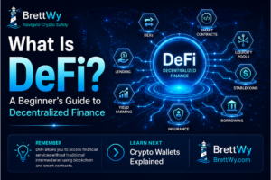 What Is DeFi? Featured image showing a beginner-friendly overview of decentralized finance, including smart contracts, decentralized exchanges (DEXs), lending, stablecoins, liquidity pools, borrowing, yield farming, and the BrettWy learning path.