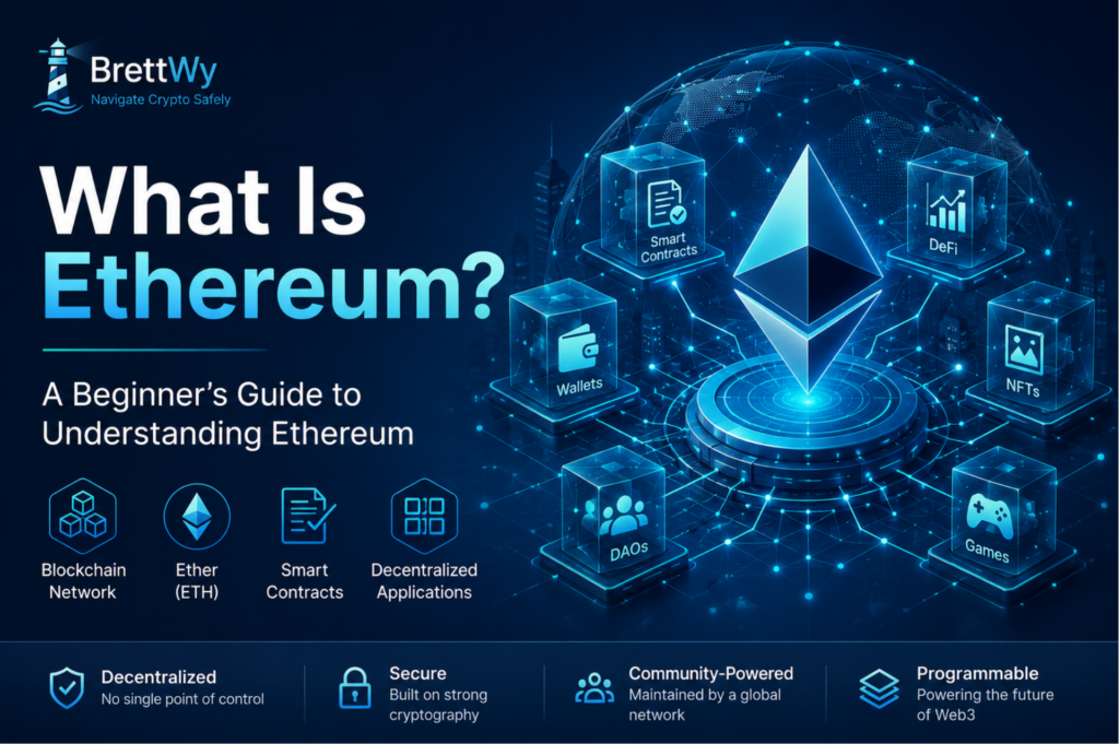 Ethereum beginner's guide illustration showing a decentralized blockchain network powered by Ether (ETH), smart contracts, and decentralized applications.