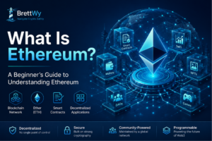 Ethereum beginner's guide illustration showing a decentralized blockchain network powered by Ether (ETH), smart contracts, and decentralized applications.