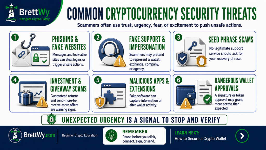 Common cryptocurrency security threats including phishing, scams, malware, and unsafe wallet approvals