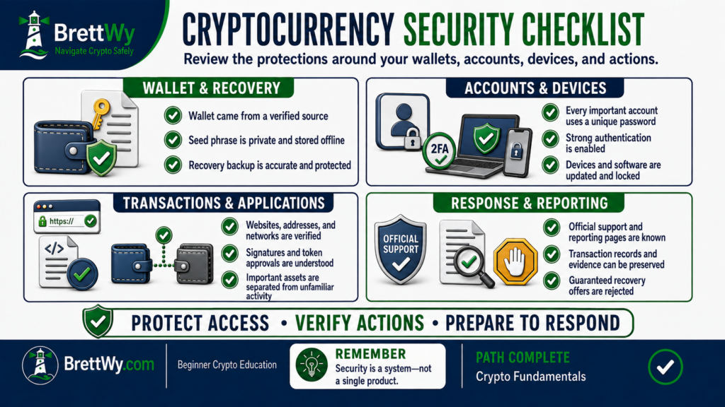 Cryptocurrency security checklist for protecting wallets, accounts, devices, and transactions