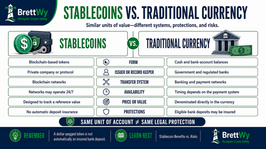 Stablecoins and traditional currency compared by form, issuer, transfer system, availability, value, and protections