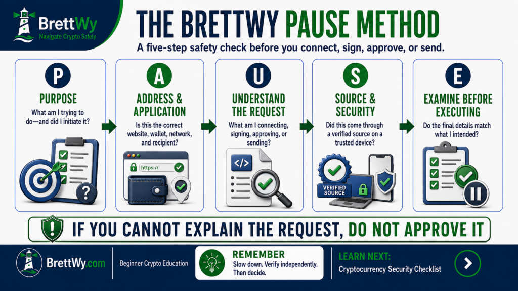 BrettWy PAUSE method for checking cryptocurrency transactions before approving them
