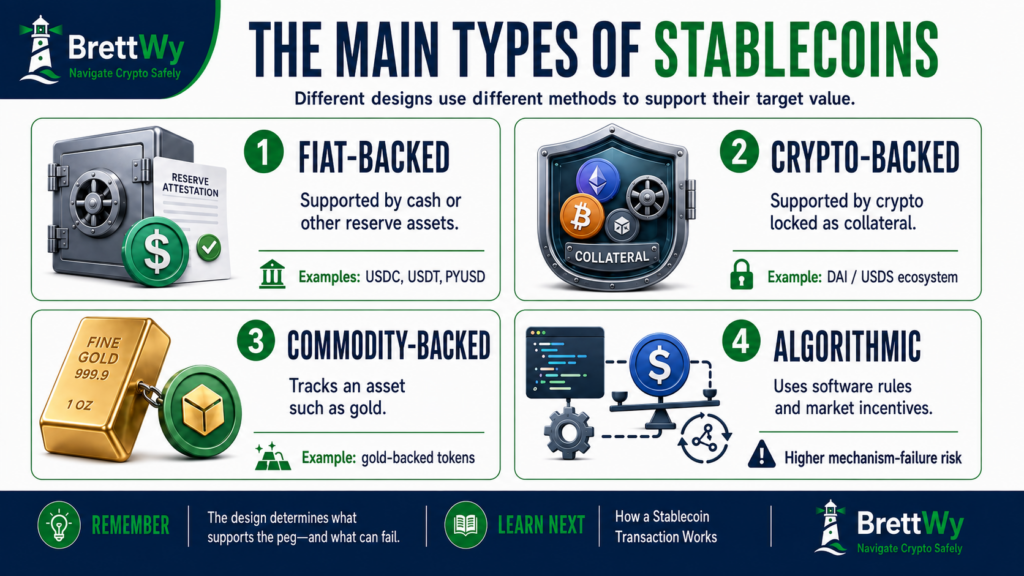 Comparison of fiat-backed, crypto-backed, commodity-backed, and algorithmic stablecoins