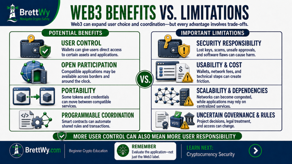 Web3 benefits vs limitations comparison covering user control, portability, security, costs, scalability, and governance