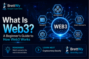 Web3 beginner’s guide graphic showing blockchain, wallets, smart contracts, tokens, and decentralized applications connected to a Web3 network.
