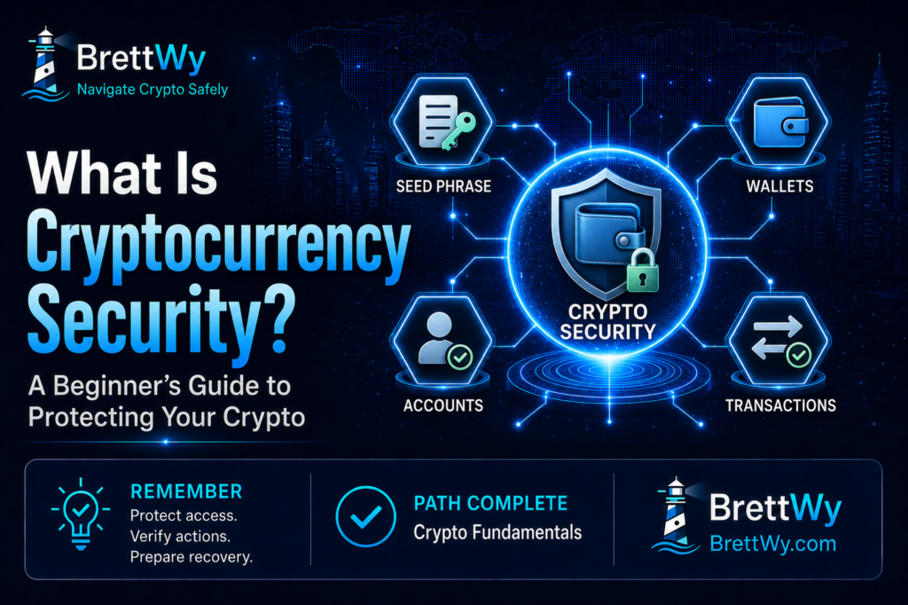 Cryptocurrency security guide showing seed phrase, wallet, account, and transaction protection for beginners