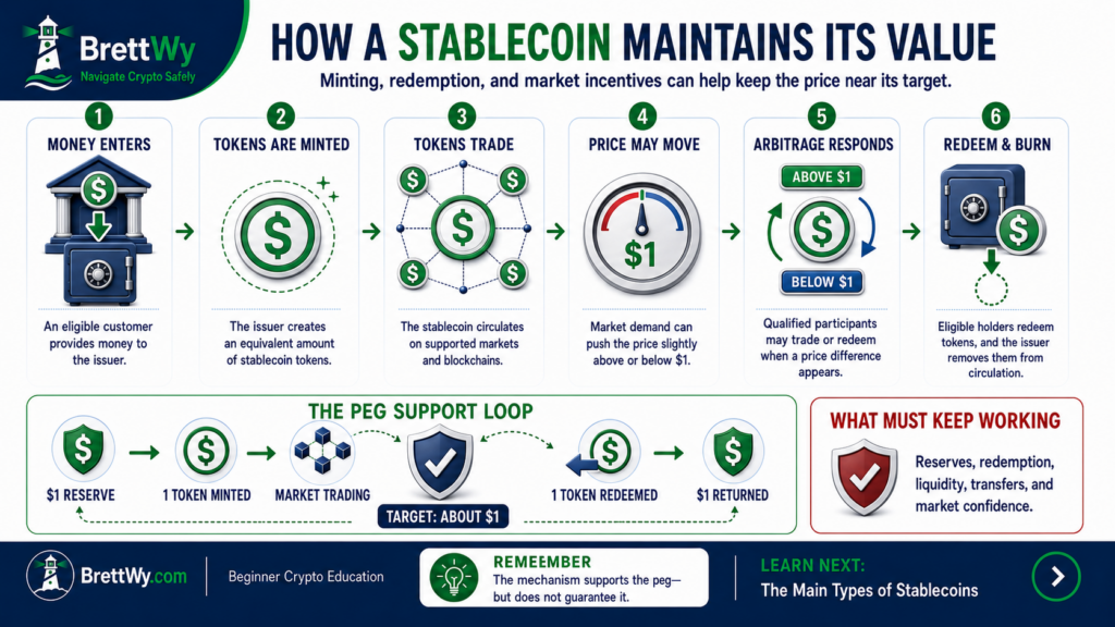 Diagram showing how reserves, collateral, redemptions, and market activity help stablecoins maintain their target value